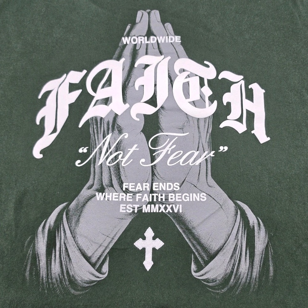 Popular Poison Mens 4XL Faith Not Fear Praying Hands Cross Tee Green 2 Sided